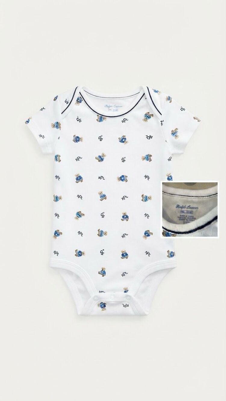 Ralph Lauren Baby Boy Polo Bear White Bodysuit Romper Size 9M 100% Cotton